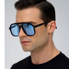 Mens Black Oversized Navigator Sunglasses Blue Tinted Lens Square Aviator Frame