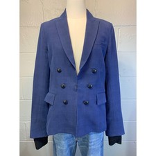 Veronica Beard Blue Wool Cotton Double Breasted Dickey Blazer Size 8 Made in USA