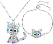 Lovely Rainbow Rhinestone Cat Jewelry Set For Girls Pendant Necklace For Girl