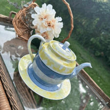 Vintage antique takito yellow blue lusterware tea set for one made in Japan