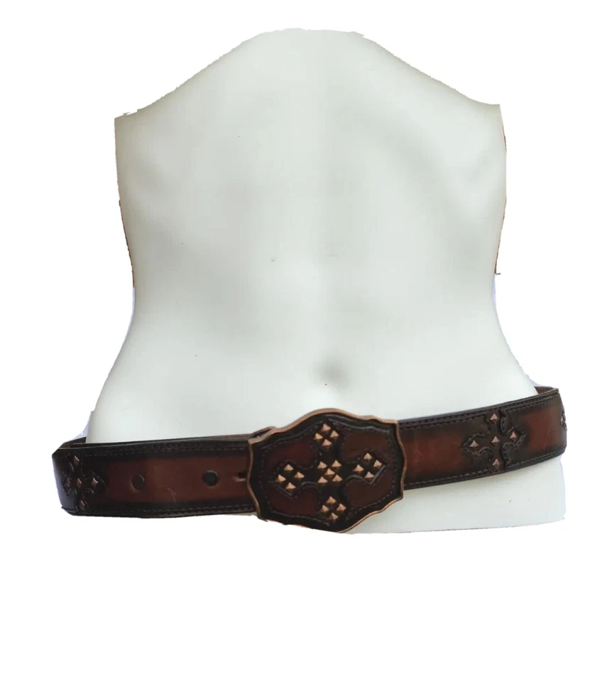 De Colección Justin Cinturón Occidental Cuero Marrón Tachonado Hebilla Cruzada 125 Aniversario S34 Foto 3 de 4