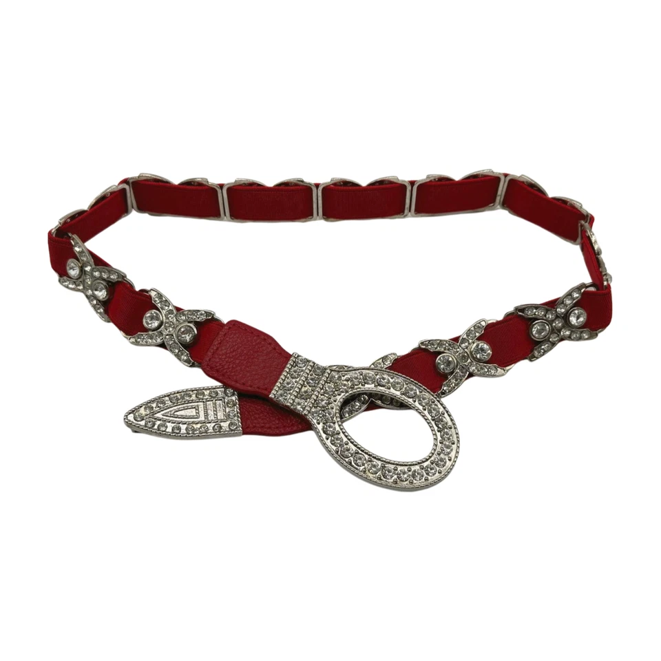 Mujeres Rojo Cintura Elástica Cinturón Fino Plateado Metal Dijes Bling Hebilla Ovalada S M Foto 2 de 4