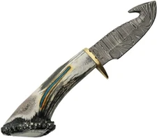 Rite Edge USA Fixed Knife 4½″ Damascus Steel Guthook Blade Bone/Turquoise Handle