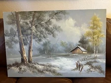 Original Oil Painting Signed Wood Winter Snowy Landscape 36 X 24