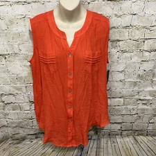 NWT AB Studio Womens XL Orange Crepe V Neck Button Up Sleeveless Blouse Top BB10