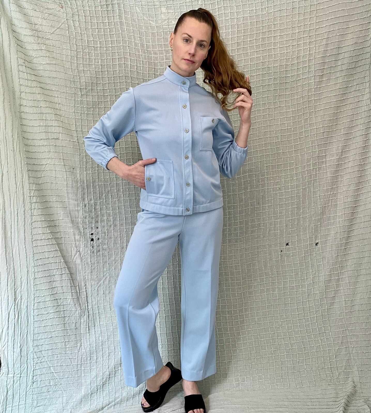 Vintage 70s Baby Blue Disco Bell Bottom Leisure Pants Suit by
