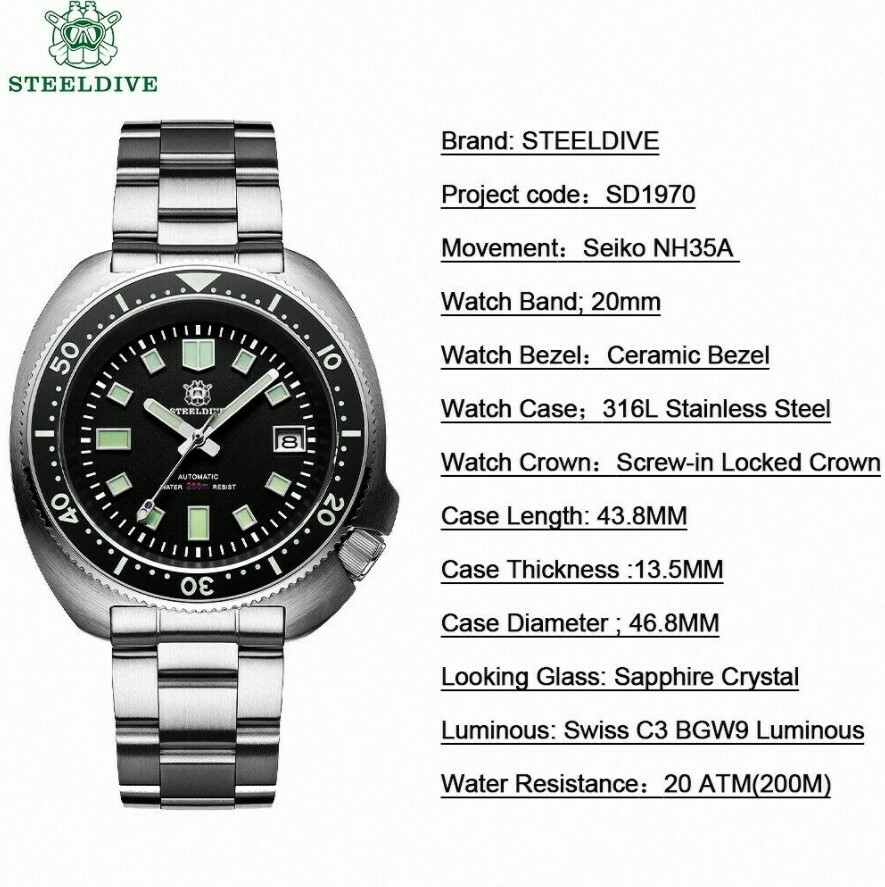 Steeldive SD1970 Sapphire Crystal 200M Seiko NH35 Automatic Black