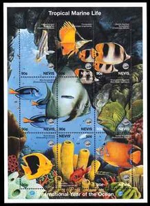 NEVIS 1990-1998 #615, #1092, #1094 MNH Marine/Longhorned Cowfish/Reef Fishes