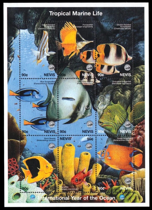 NEVIS 1990-1998 #615, #1092, #1094 MNH Marine/Longhorned Cowfish/Reef Fishes