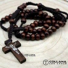Collana Rosario perline marrone in Legno con Crocifisso da Uomo Donna Croce