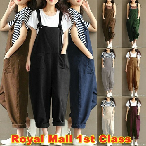 Womens Ladies Loose Dungarees Strappy 