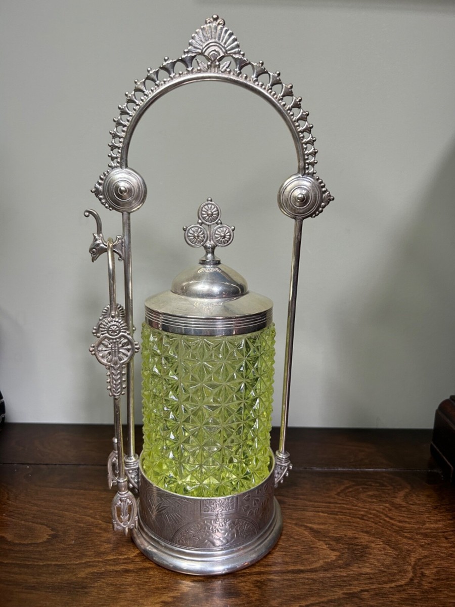 1880 Meriden Co Vaseline PICKLE CASTOR w Tongs Silver Quadruple