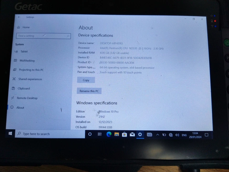 GETAC T800 Rugged Tablet PC Intel Pentium N3530 2.16GHz 4GB RAM 128GB *ISSUES* - Image 2 of 4