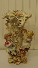 Vintage Victorian Boy & Girl Playing Music Instruments Vase with Letter N, 9.5"T