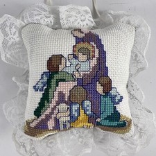 Vintage Needlepoint Wall Hanging - Christmas Nativity Baby Jesus Angels Lace
