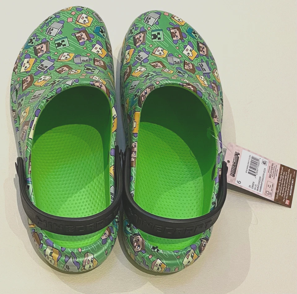Zapatos zueco Minecraft.  Niños Talla 6, Niña Talla 8.5 Verde/Multi Estampado ¡NUEVO! Foto 4 de 4