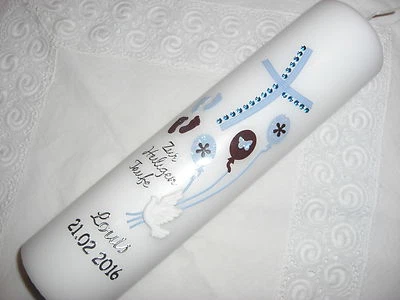 HANDGEFERTIGT Moderne Taufkerze blau braun Kerze