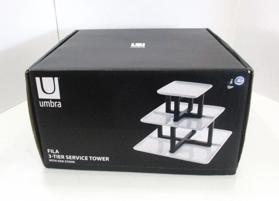 Umbra Fila 3 Tier Stacking Serving Tower w White Plates Espresso Oak Stands NIB - Image 2 of 4