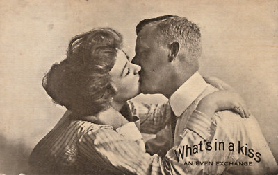 1910 Antique PC Couple Kissing risqué What's in a Kiss unposted Postcard