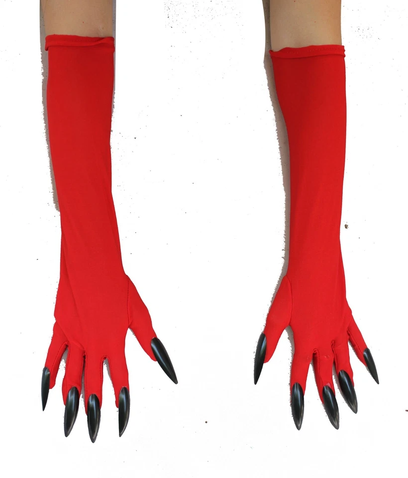 De lujo 17" Largo Bruja Par de Guantes Largos Negro Uñas Diseño Rojo Foto 3 de 3
