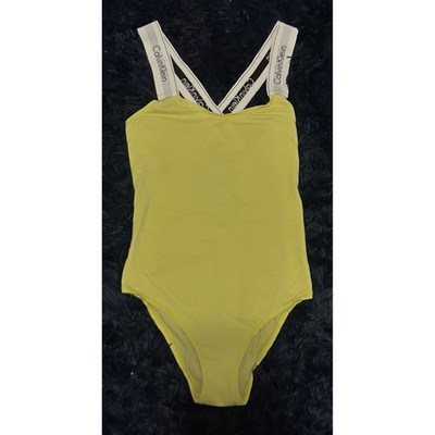 Calvin Klein Performance Yellow Logo Strap Cross Back Bodysuit Women Small