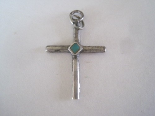 Sterling Silver Turquoise Cross Pendant Handmade Navajo Unsigned No Marks - Picture 2 of 4