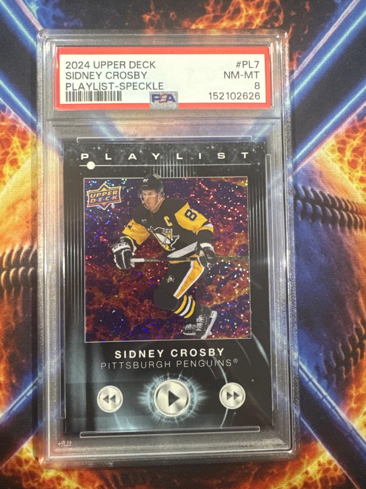2024-25 Upper Deck Sidney Crosby #PL-7 Playlist Speckle Penguins PSA 8