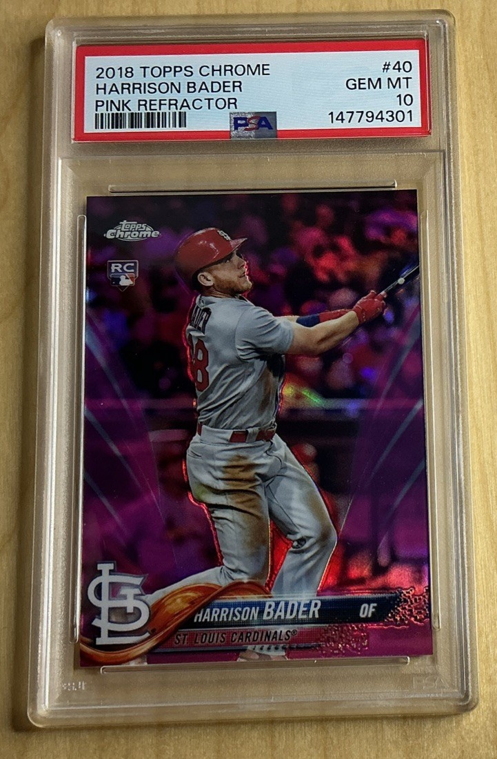 🔥2018 Topps Chrome Harrison Bader Rookie Pink Refractor  SP PSA 10 💎 POP 24