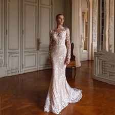 Luxury Mermaid Wedding Dresses O-Neck Long Sleeves Lace 3D Flowers Bridal Gowns