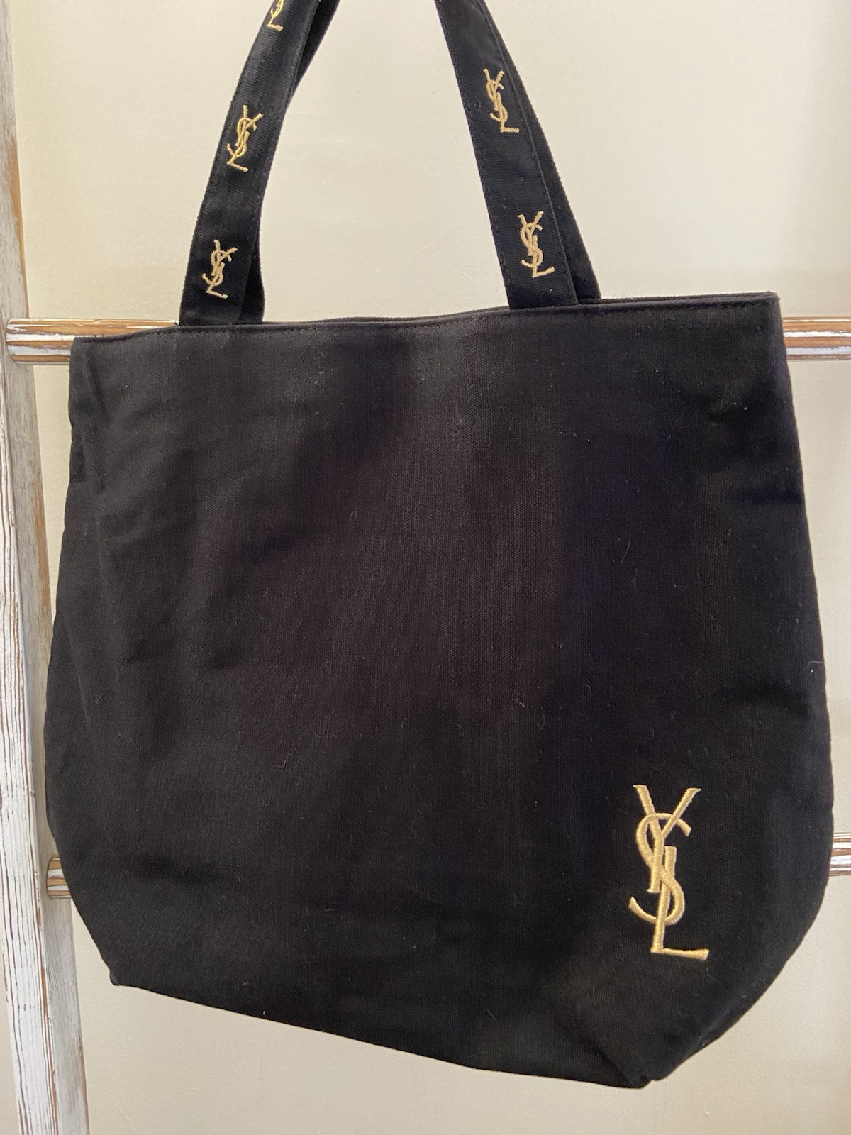 Yves Saint Laurent Parfums Borsa Tote Bag Nera Rosa Panno Piccola Logo Oro Buone Condizioni