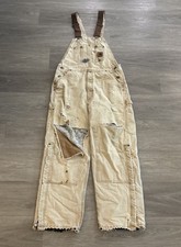 Carhartt Overalls Mens 34X30 Beige Insulated Quilt Lined Workwear Distressed