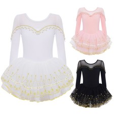 Kids Girls Shiny Mesh Splice Ballet Sparkle Lace Trim Swan Lake Ballerina Dress