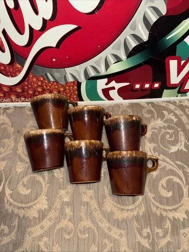 Set Of 6 Vintage Hull Pottery Oven Proof USA Brown Drip Glaze Coffee Mugs Cups