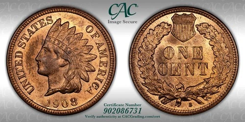 CACG MS-64 RB 1908-S Indian Head Cent, Cartwheeling,Predominantly Red, Key-Date!