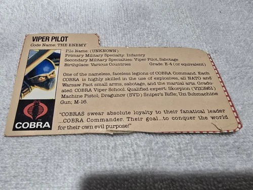 Gi Joe ARAH 1980s 1983 Cobra Viper Pilot File Card! Vintage And Authentic.