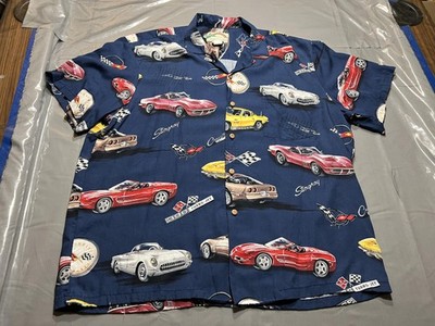 Paradise Found Shirt Mens XL Corvette Hawaiian Button Up Car Print Rayon Hawaii