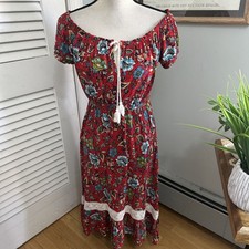 Forever 21 Dress Medium Red Floral Midi Off Shoulder Retro Boho Peasant Festival