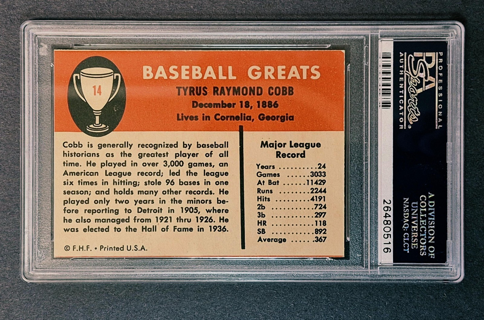1961 Fleer Ty Cobb PSA 6 EX  #14 Detroit Tigers BEST 6 AROUND PSA # 26480516 view 2