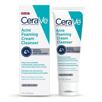 CeraVe Acne Foaming Cream Cleanser, 4% Benzoyl Peroxide Face Wash With