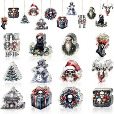 24 Pcs Christmas Wooden Ornaments Gothic Xmas Hanging Decorations Skeleton Sa...