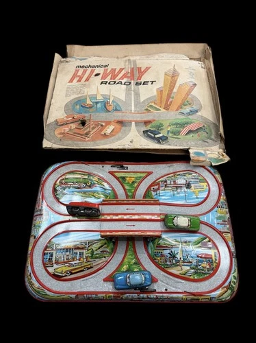 Vintage 1960's Ohio Art Hi-Way Press Metal Car Road Set