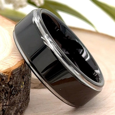 Personalized 8mm Black & Silver Tungsten Christmas Ring   Elegant Polished Band