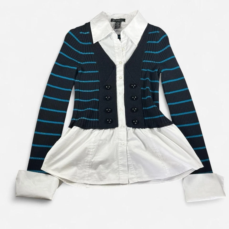 Y2K Gothic Striped Fitted Knit Button Up Henley Sweater Long Sleeve Emo Grunge - Image 2 of 4