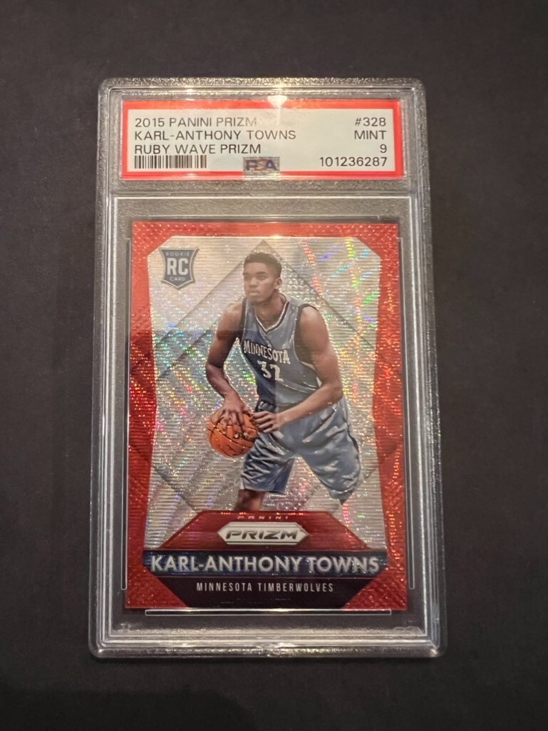 2015-16 Prizm Karl-Anthony Towns Rookie Ruby Wave Prizm /350 PSA 9 - Knicks