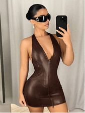Brown ICON Plunging V-Neck Two-Way Zipper Bodycon Mini PU Leather Dress