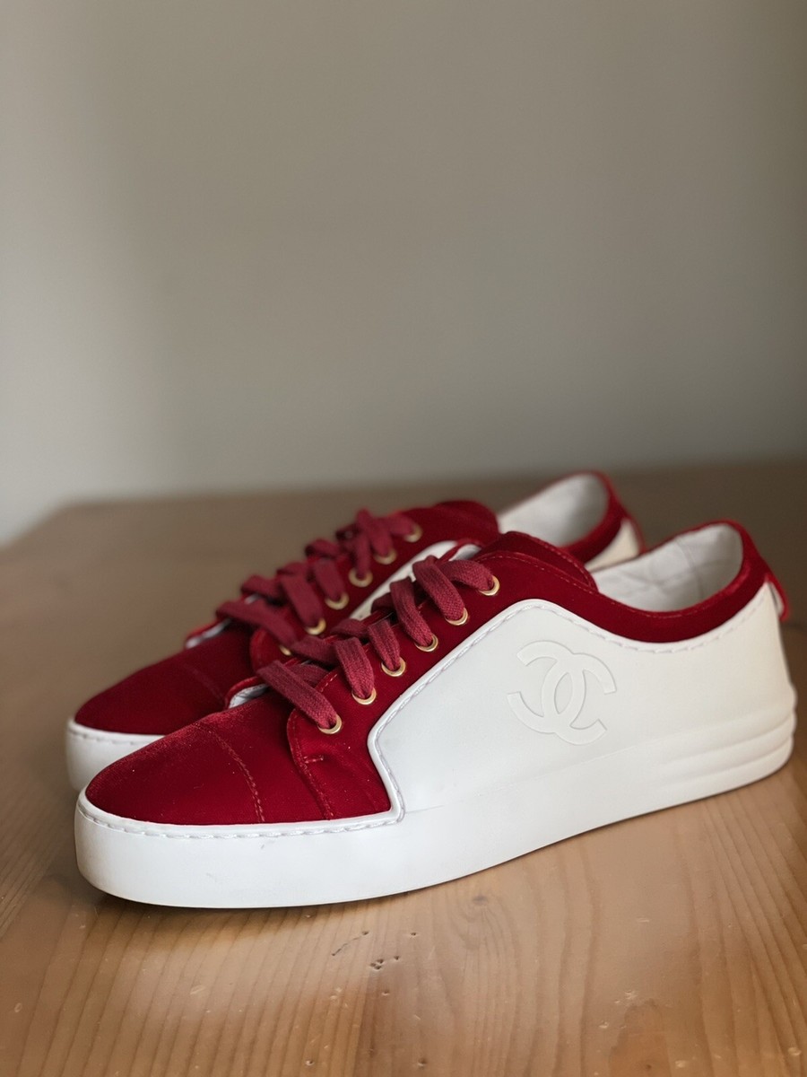 Authentic Chanel Red Velvet White Rubber Leather CC Logo Sneakers