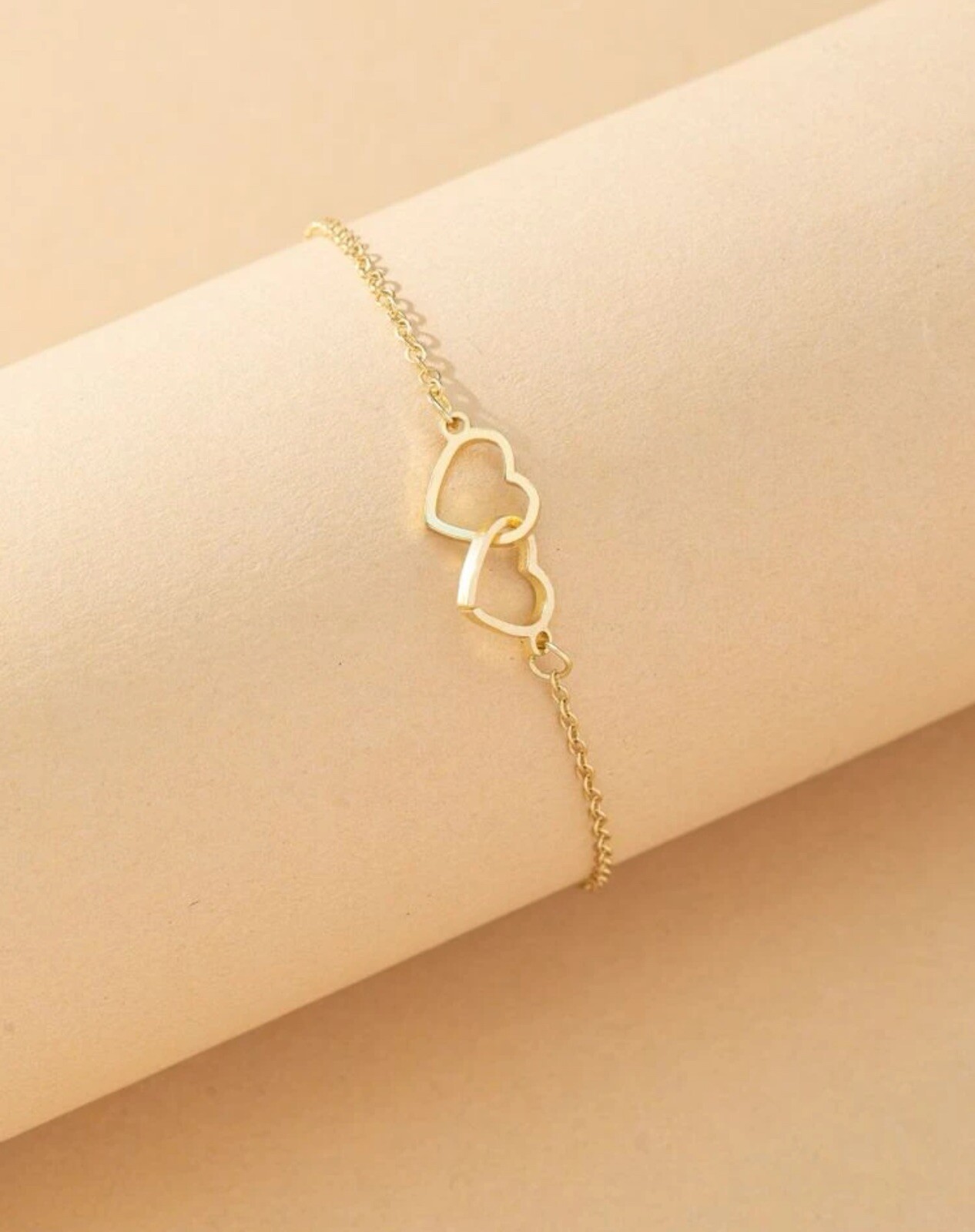 Bracelet chaînette double cœur en or rose inoxydable, cadeau femme