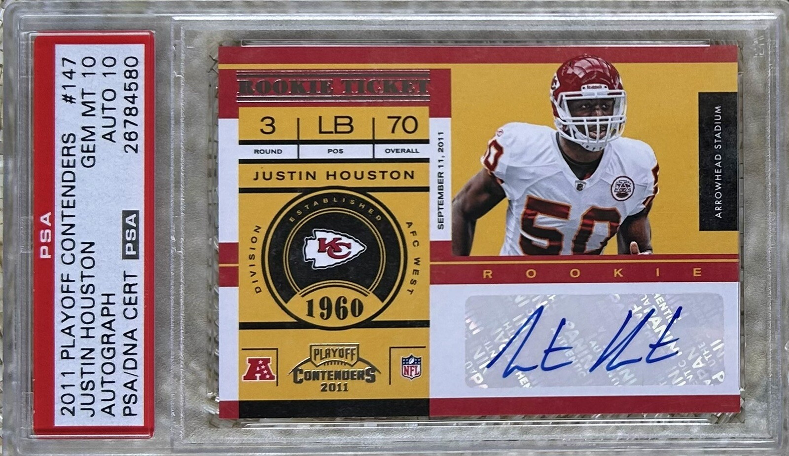 2011 PLAYOFF CONTENDERS AUTO JUSTIN HOUSTON RC PSA 10 POP 3