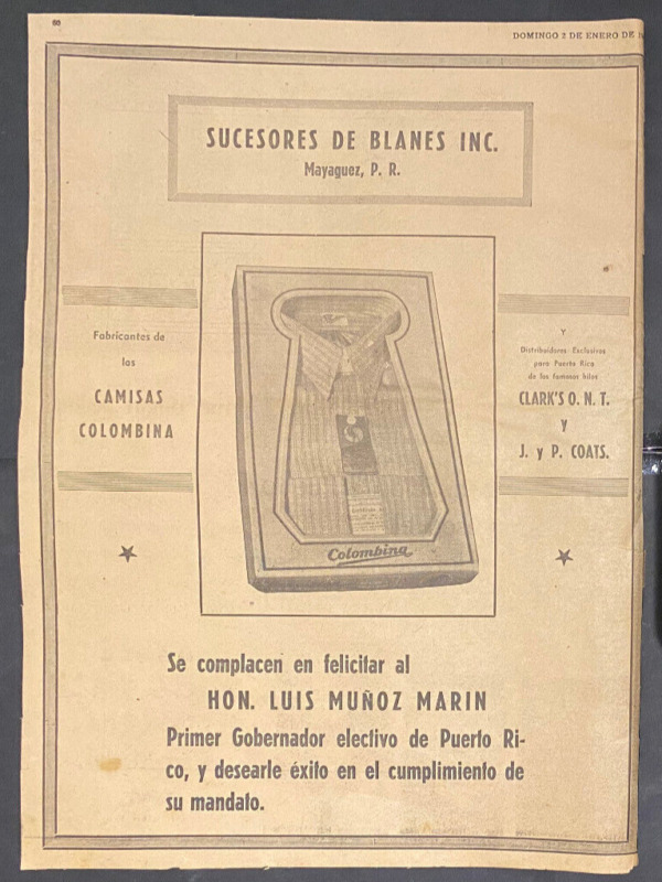 Puerto Rico 1949, Anuncio SUCESORES DE BLANES, Felicitando LMM, 1er Gob. Electo