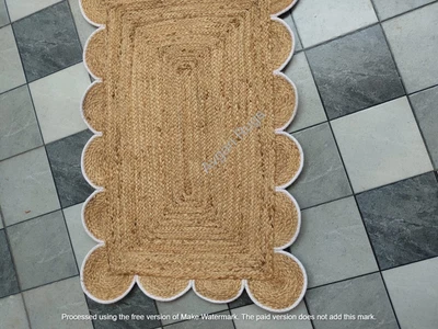 Jute Rug Beige White Scloop Design Handmade Living Room Kitchen Farmhouse Runner - Image 1 of 4
